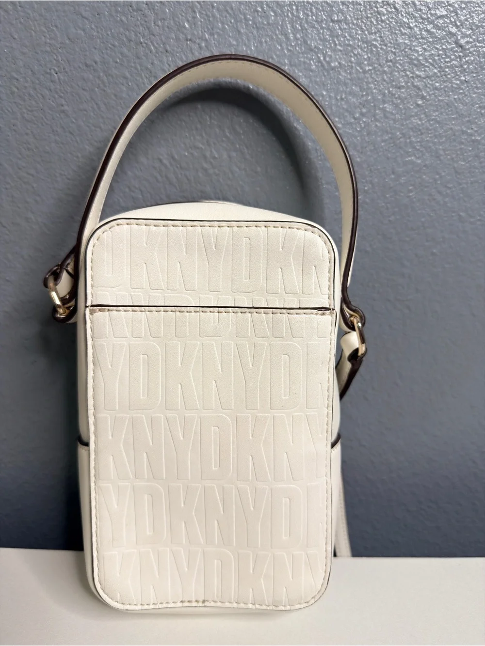 DKNY White Embossed Logo Crossbody Phone Pouch Purse Handbag